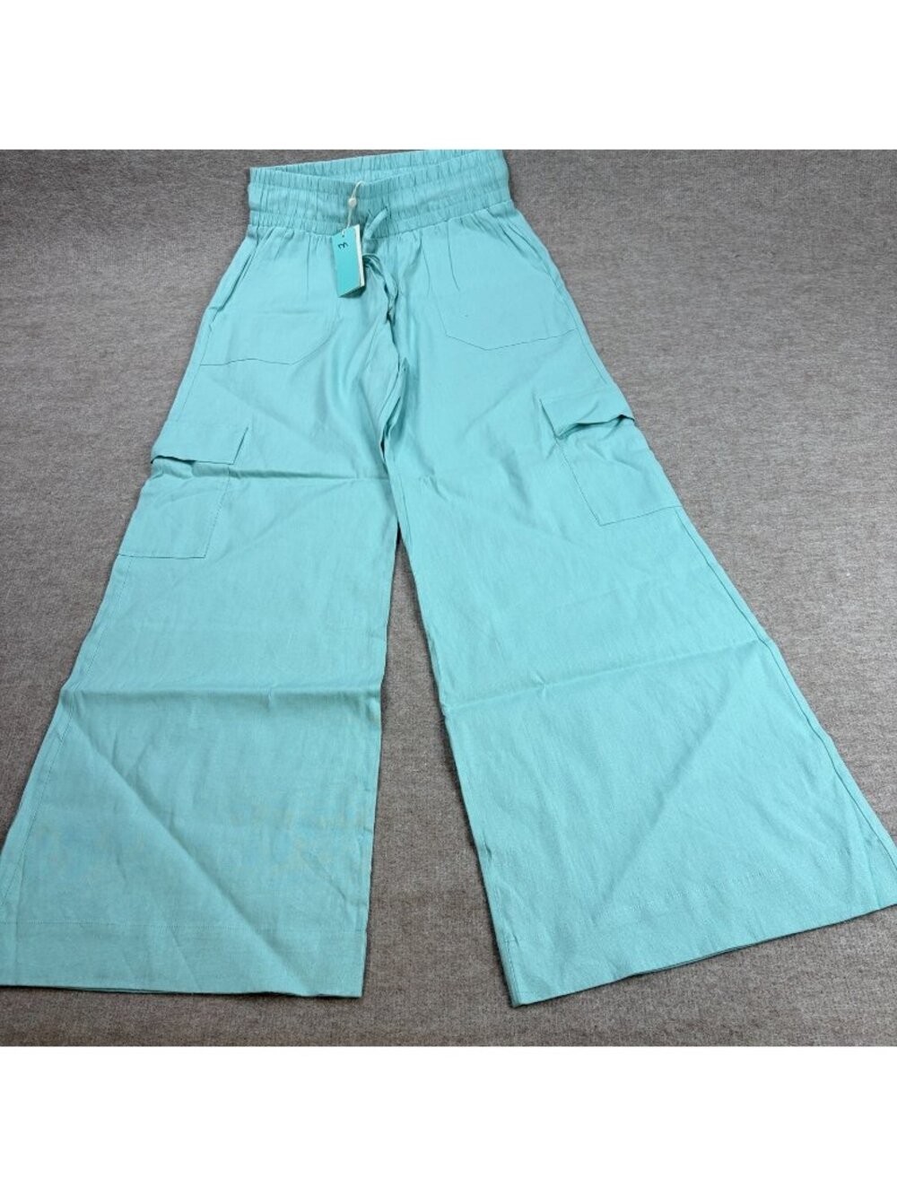 Shore Womens Pants Medium Blue Wide Flare Leg Cargo Linen Blend NEW